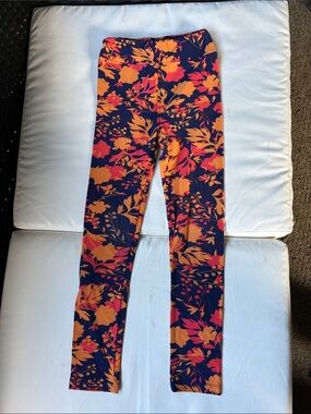 LuLaRoe Kids Navy Leggings with Orange & Pink Floral Print‎